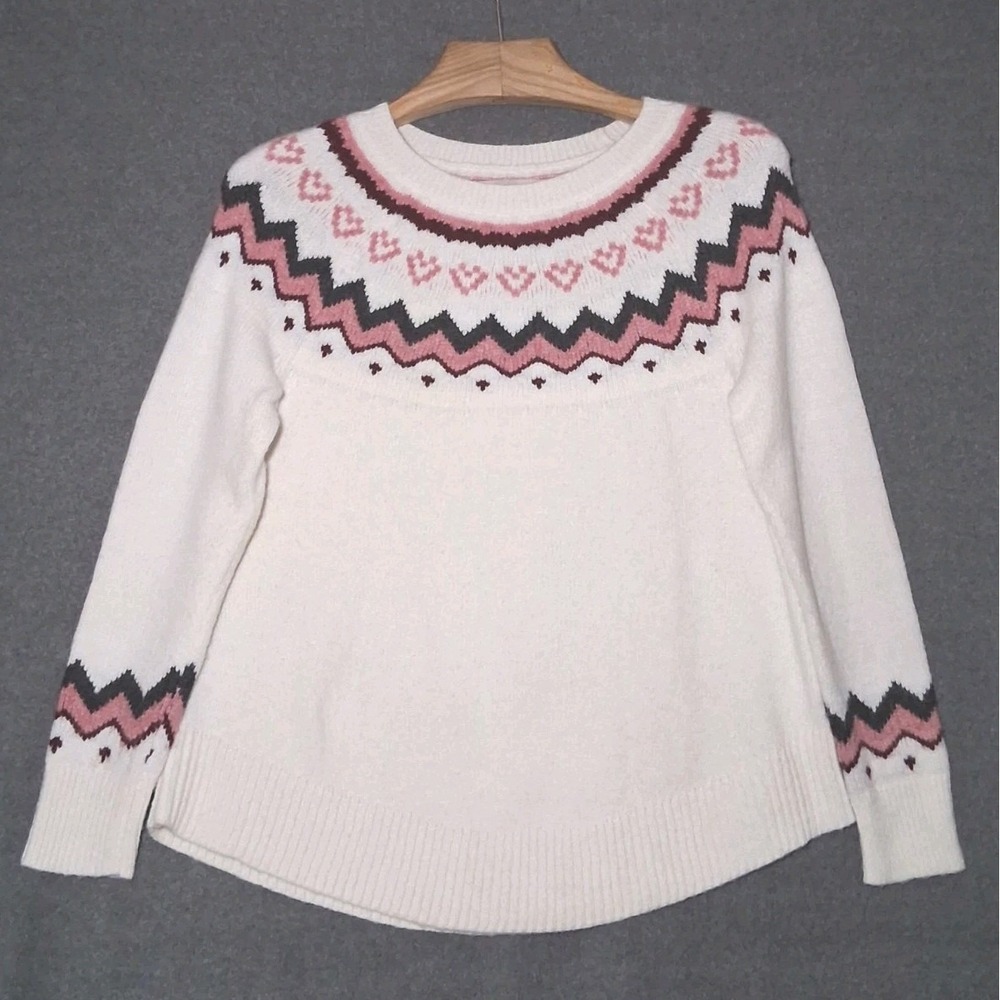 LOFT Women's Fair Isle Pullover Sweater Small Ivory Pink Nordic Knit Cabin Core